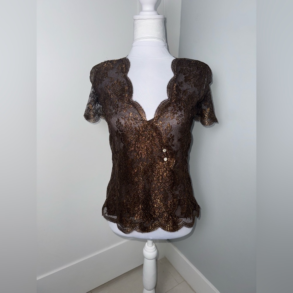 Valentino Garavani Metallic Bronze Lace Top/ Size XS - Picture 2 of 7
